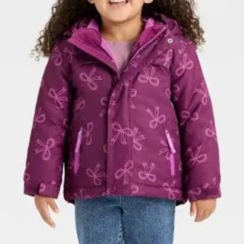 Cat & Jack Toddler Girl Purple Pink Bow Print Fleece Lined Puffer Jacket 4T